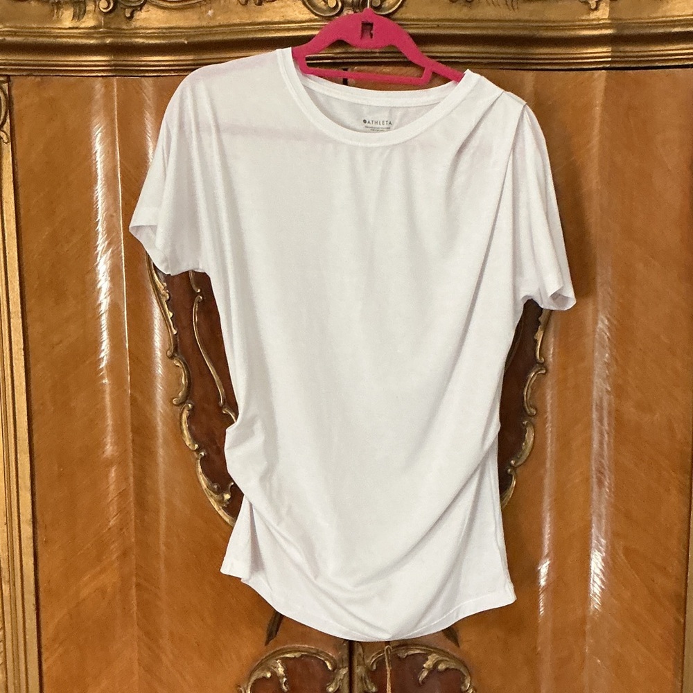 Athleta White Crewneck Asymmetrical Short Sleeve Tee